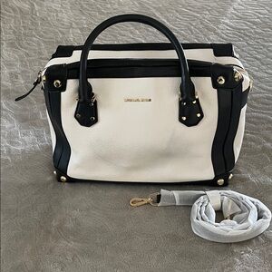 New Michael Kors White and Black Leather Satchel with Gold Hardware